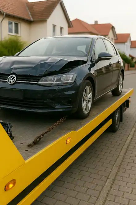 Defektes Fahrzeug wird zum Autoankauf in Stuhr abgeschleppt, bereit für eine faire Bewertung.